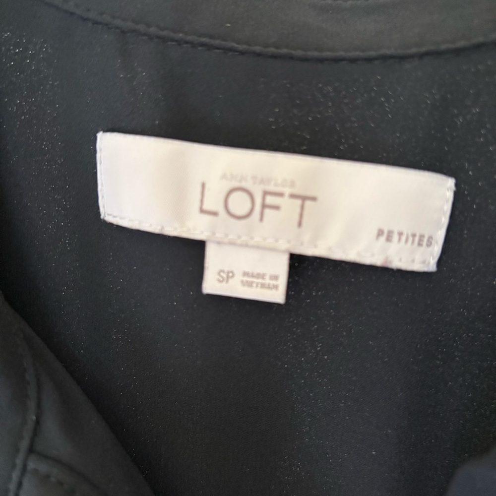 LOFT Black Button Down Blouse with Cap Sleeves and White Piping, SP - Picture 3 of 5
